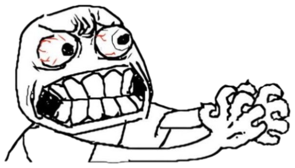 Scribbled rage-comic face with bulging eyes and gritted teeth, hands clenched in a frenzy sticker