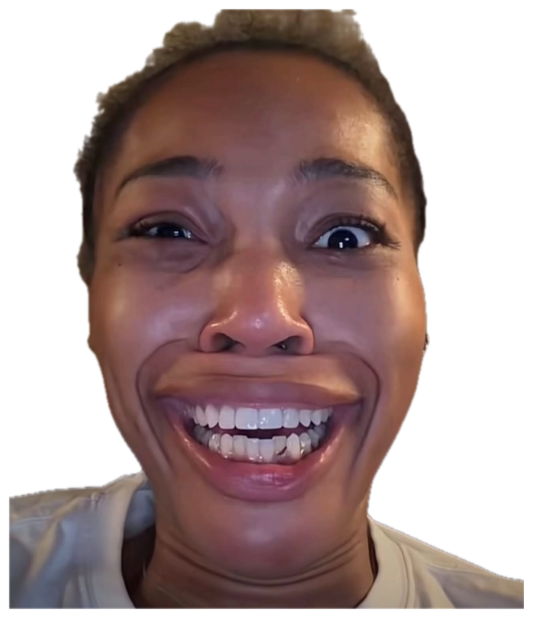Extreme close-up of Quenlin Blackwell with a hugely exaggerated, stretched wide grin showing all her teeth sticker