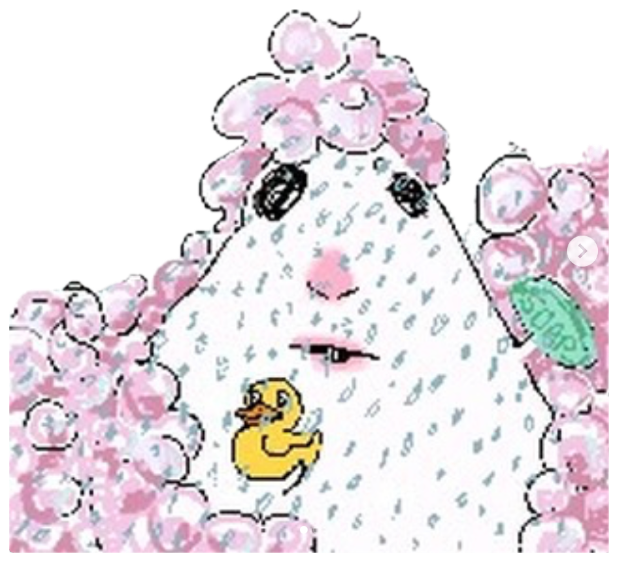 Pixel-art cartoon character taking a shower surrounded by pink bubbles with a deadpan stare sticker
