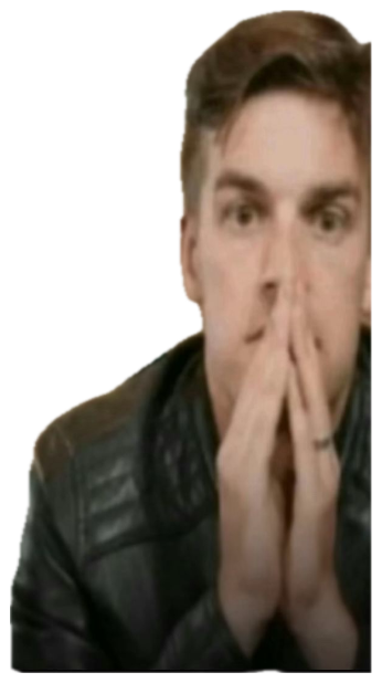 Wide-eyed guy with hands clasped over his mouth under a big 'Please STOP!' sticker