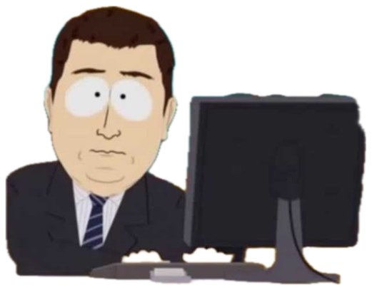 South Park-style office man at a computer giving a wide-eyed blank stare sticker