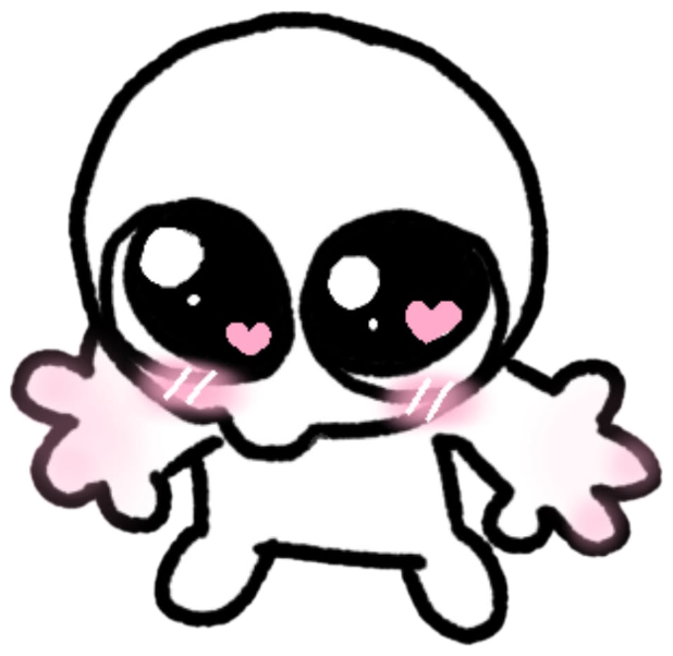 Cute doodle skull creature with big sparkly eyes, blushing cheeks and a floating pink heart sticker