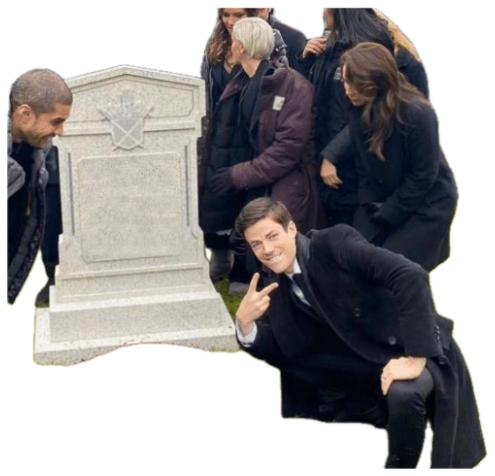 Man in black suit flashing a peace sign and grinning while crouching at a graveside sticker