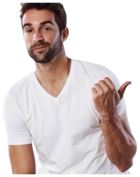 Confident guy in a white v-neck giving a thumbs-up with a charming smirk sticker