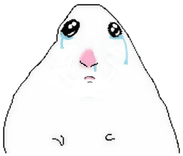 Crudely drawn white blob creature sobbing with big glossy tears and a pink nose sticker