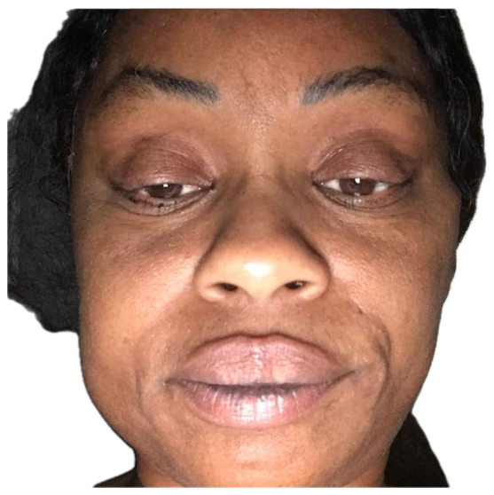 Woman staring directly at the camera with heavy-lidded, completely done eyes sticker