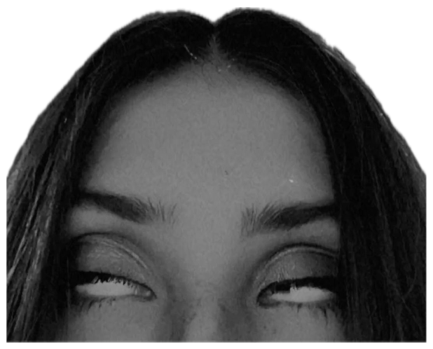 Black-and-white shot of a woman rolling her eyes all the way back, only the top of her face visible sticker