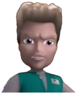 3D animated store clerk character with a skeptical, distrustful scowl sticker