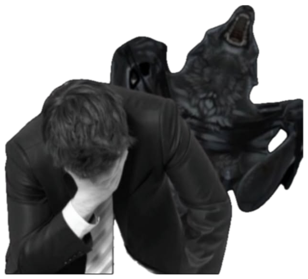 Man in a suit slumped with his face in his hand as a dark screaming demon looms behind sticker