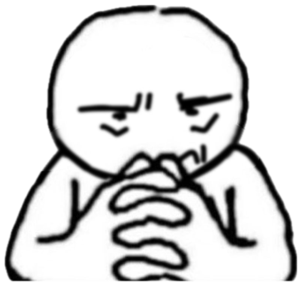 Crude stick-figure doodle of a hunched figure with furrowed brows, fingers interlaced, deep in thought sticker
