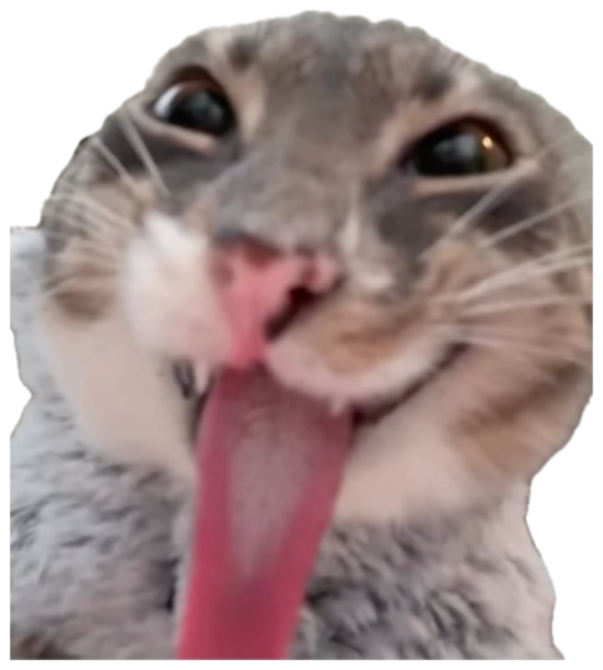 Gray tabby cat with tongue hanging all the way out, staring wide-eyed directly at the camera sticker
