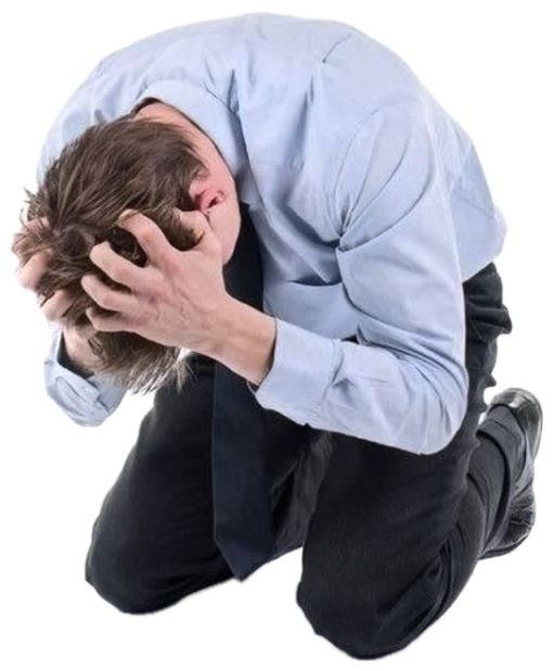 Man in a dress shirt kneeling on the floor with his head buried in his hands in total breakdown sticker