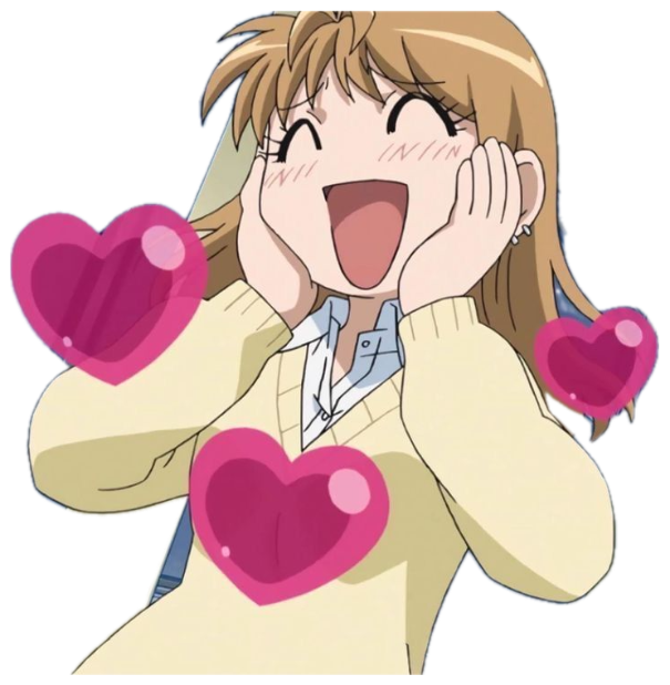 Blushing anime girl cupping her cheeks with a delighted open-mouth smile surrounded by pink hearts sticker