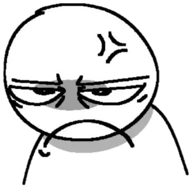 Minimal line-drawn face scowling with heavy lids and a hard frown sticker