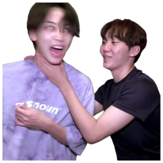 Two Korean guys cracking up — one completely losing it while the other grabs his neck sticker