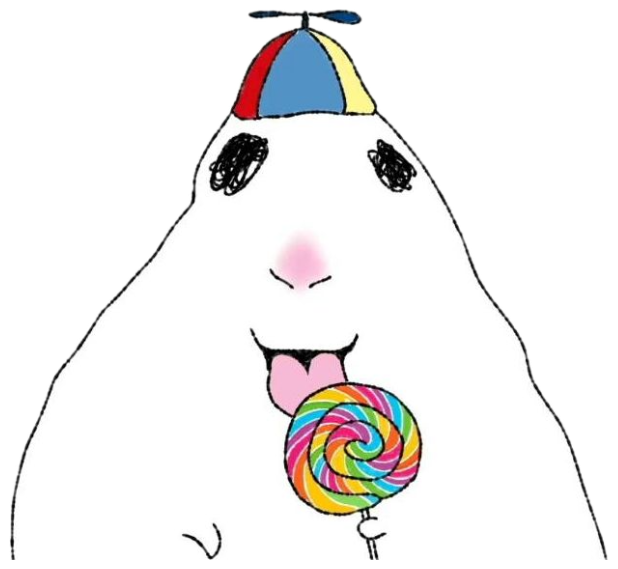Line-drawn blob in a propeller beanie licking a rainbow lollipop sticker