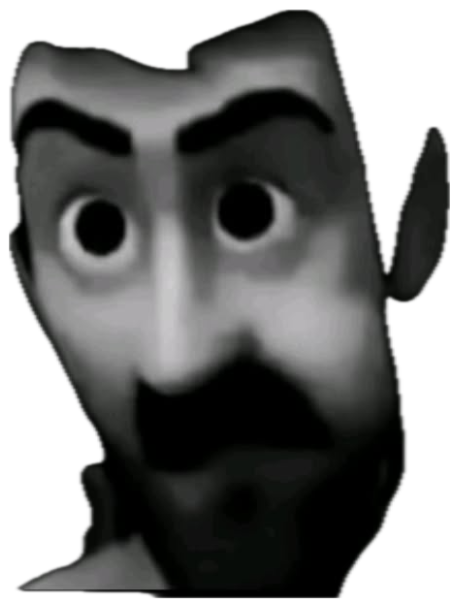 Grainy black-and-white cartoon man with wide staring eyes looking spooked in the dark sticker