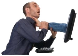 Man getting grabbed by the collar through a computer monitor screen, looking absolutely horrified sticker
