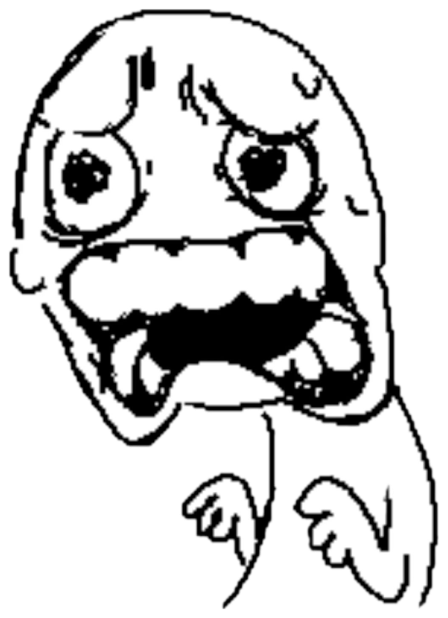 Crude rage-comic face grimacing in terror with hands raised sticker