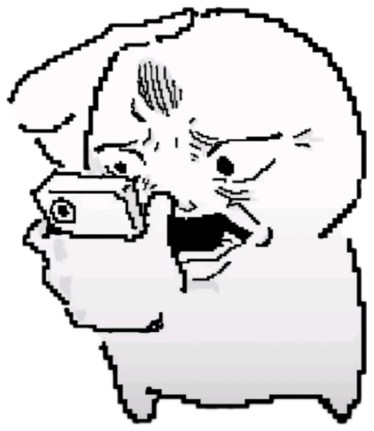 Pixelated rage-comic wojak face holding a gun to its own head mid-scream sticker