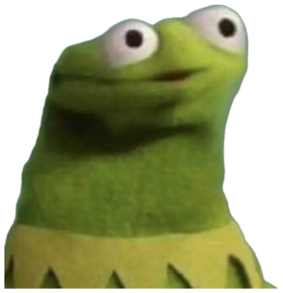Kermit-style puppet with googly eyes giving a stiff, awkward blank stare sticker