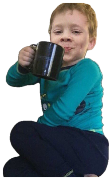 Little boy in pajamas sipping from a big mug with a smug, satisfied look sticker