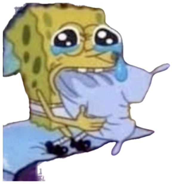 SpongeBob sobbing in bed while clutching a pillow, tears streaming down sticker