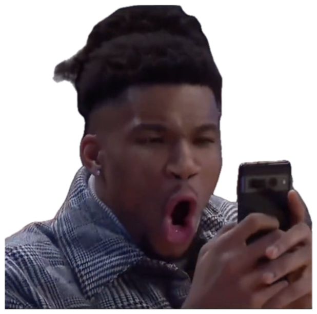 Young man at a basketball game staring at his phone with mouth wide open in disbelief sticker