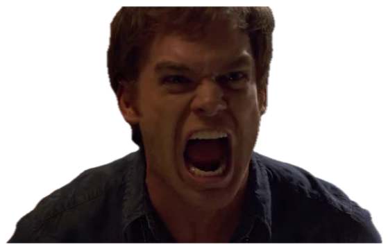 Man screaming with full-on rage in front of a red BIO sign sticker