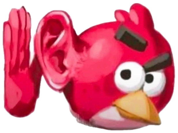 Angry Birds red bird cupping a giant ear, leaning in to eavesdrop sticker
