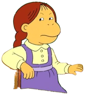 Arthur's sister D.W. sitting at a desk with a flat, quietly displeased expression sticker