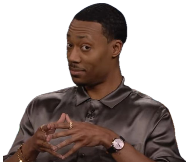 Talk show guest mid-sentence, throwing a skeptical side-eye at the host sticker