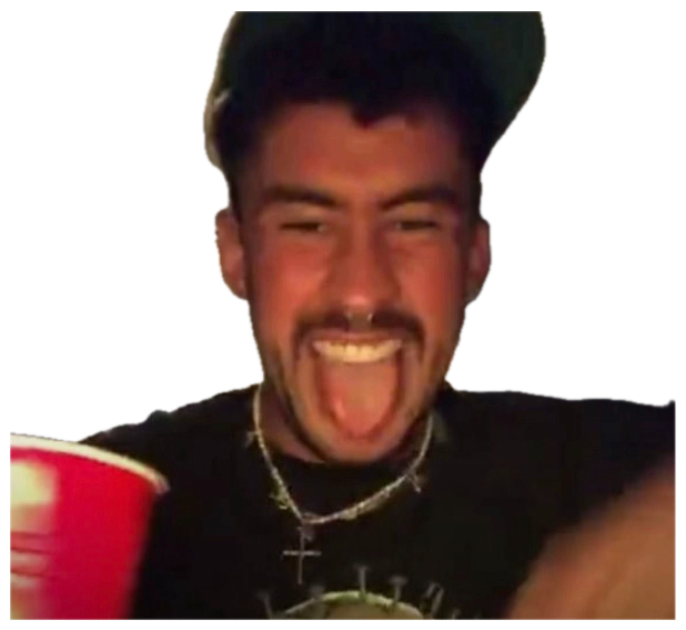 Guy in a backwards cap sticking his tongue out with a red cup at a party sticker