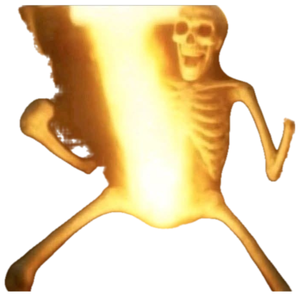 Glowing skeleton dancing jubilantly with arms raised, bathed in golden light sticker