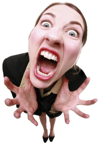 Woman in a black blazer screaming at full volume with arms outstretched, shot from a fish-eye angle sticker