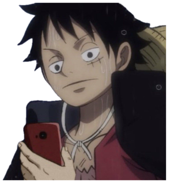 Luffy from One Piece clutching a phone in the rain with a wary side-eye sticker