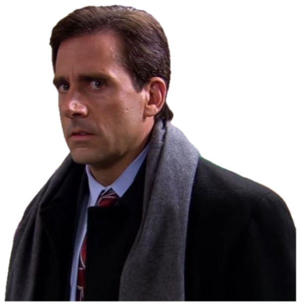 Michael Scott in a scarf and coat staring with wide worried eyes in the office sticker