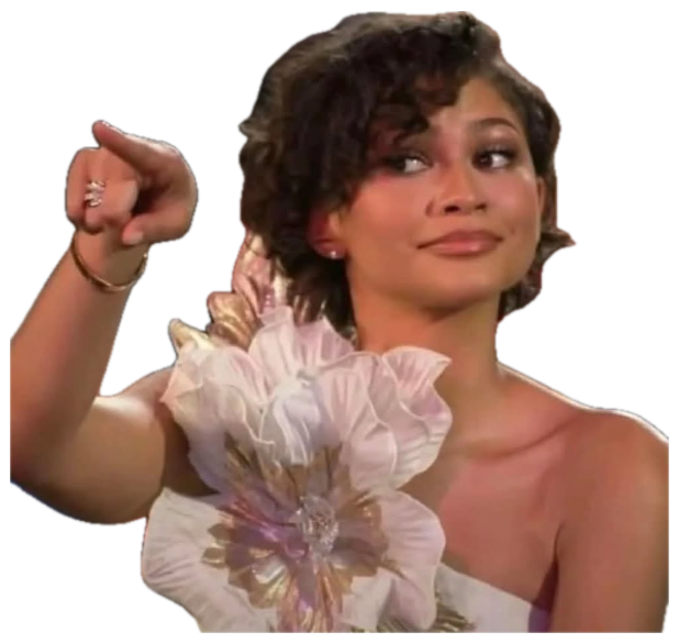 Glamorous woman in floral dress pointing with a knowing smirk at an event sticker