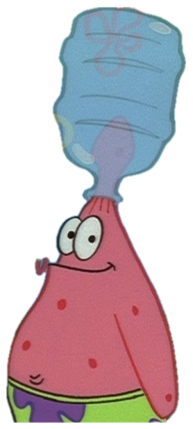 Patrick Star standing with a water jug stuck on his head, smiling at nothing sticker