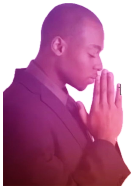 Man praying with eyes closed captioned 'Can we get this guy banned' sticker