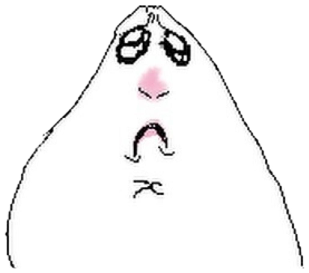 Simple white oval cartoon creature looking upward with a tiny frowning mouth and tearful eyes, praying hands raised sticker