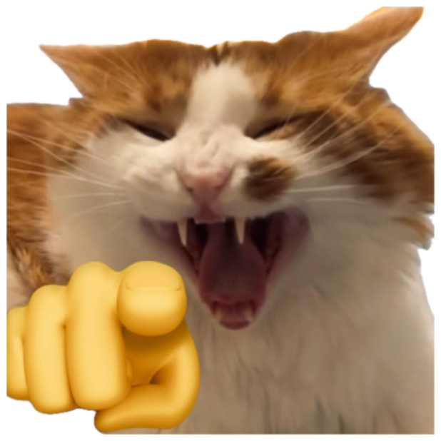 Fluffy orange cat screaming wide open with a pointing emoji aimed right at you sticker