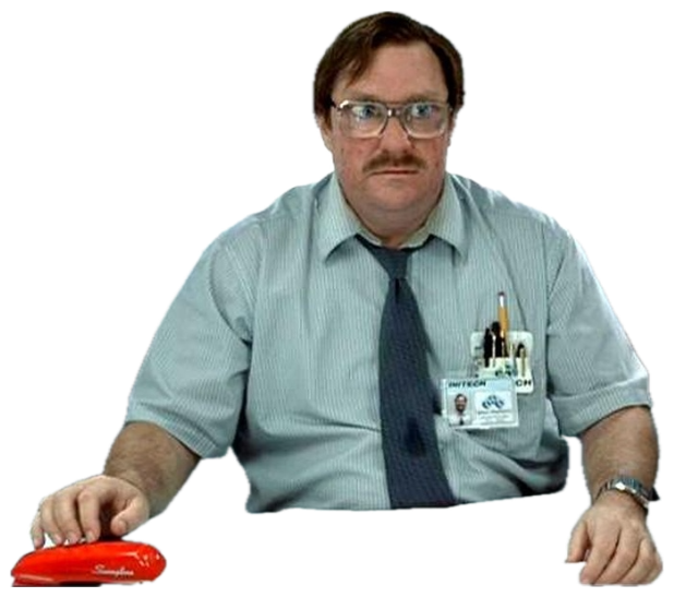 Office Space's Milton sitting at his cluttered cubicle, staring blankly with zero enthusiasm sticker