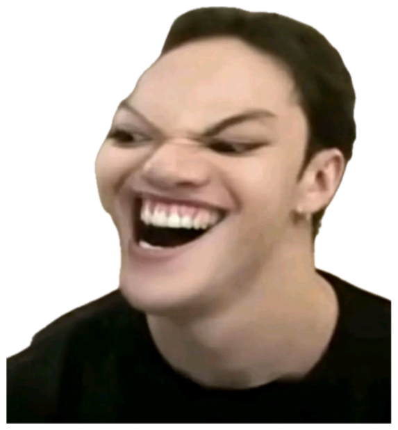 Person with an intensely furrowed brow laughing wide open with an almost unhinged grin sticker