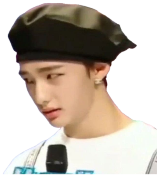 K-pop style guy in a black beret giving a slow side-eye at a colorful music event sticker