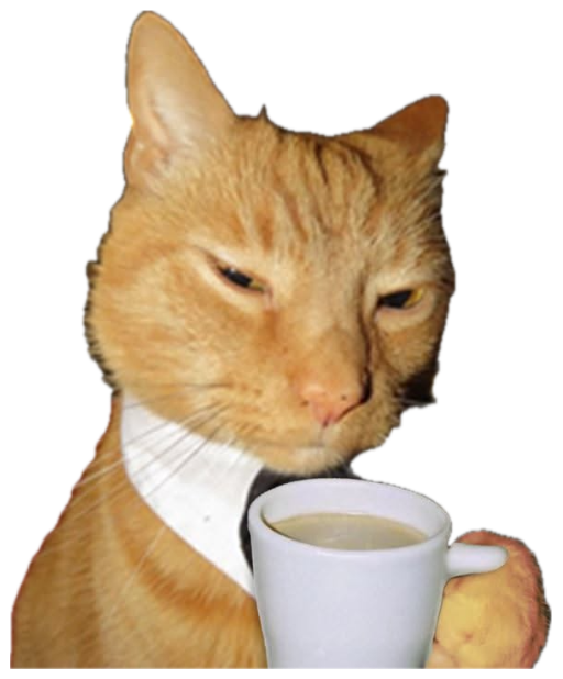 Orange cat in a tie holding a coffee mug with a tired, unbothered stare sticker