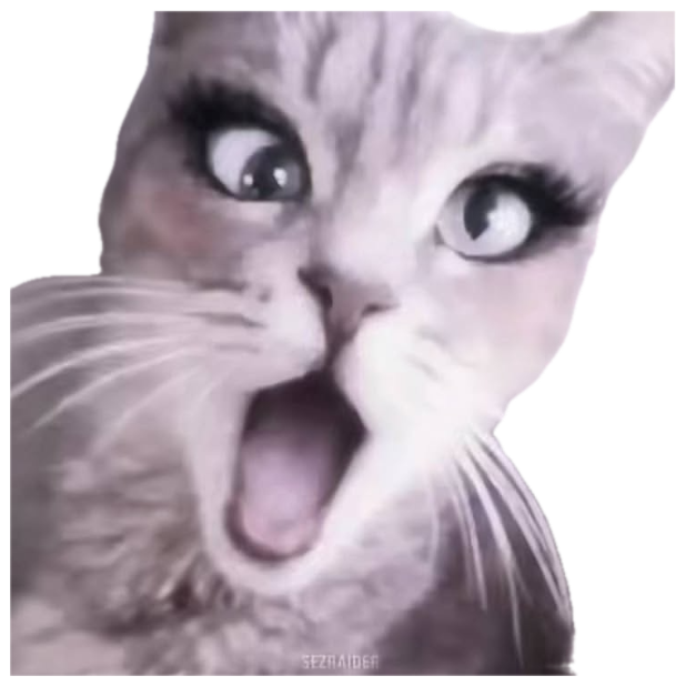 Gray tabby cat with wide eyes and huge open mouth, with dramatic lash filter applied sticker