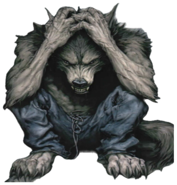 Illustrated werewolf clutching its head in its hands under a full moon, tormented sticker