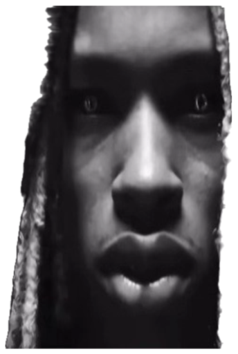 Man with locs staring intensely through the dark in a black-and-white close-up sticker
