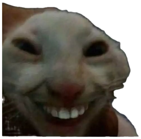 Cat with a photoshopped human grin flashing an unsettling toothy smile sticker
